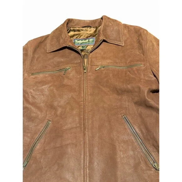 Timberland Rugged Durable 100% Genuine Leather Jacket Men's Size Small Tan Brown